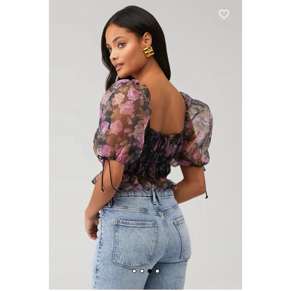 For Love & Lemons Puff Sleeve Floral Top - Black & Pink‎ XS $169